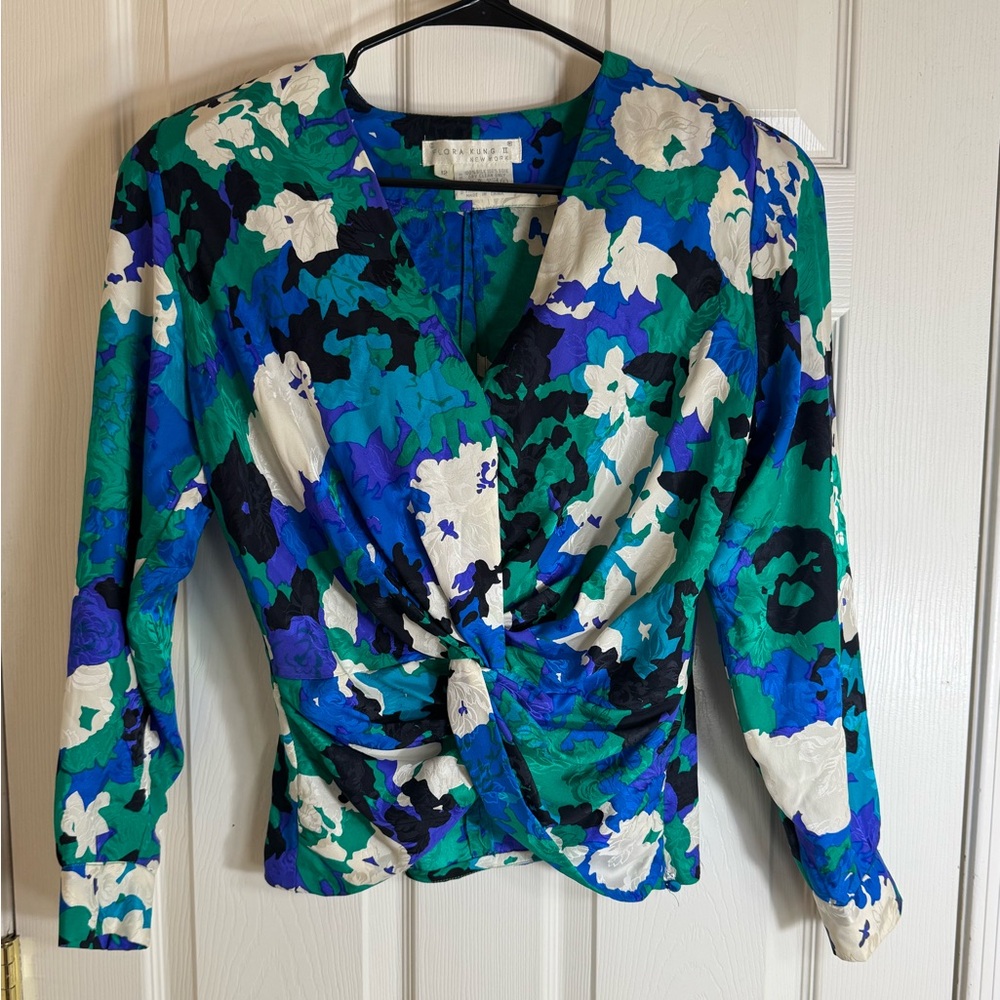 Flora Kung II Vintage‎ Silk Blouse Floral Knot Front Top Size 12 Dynasty